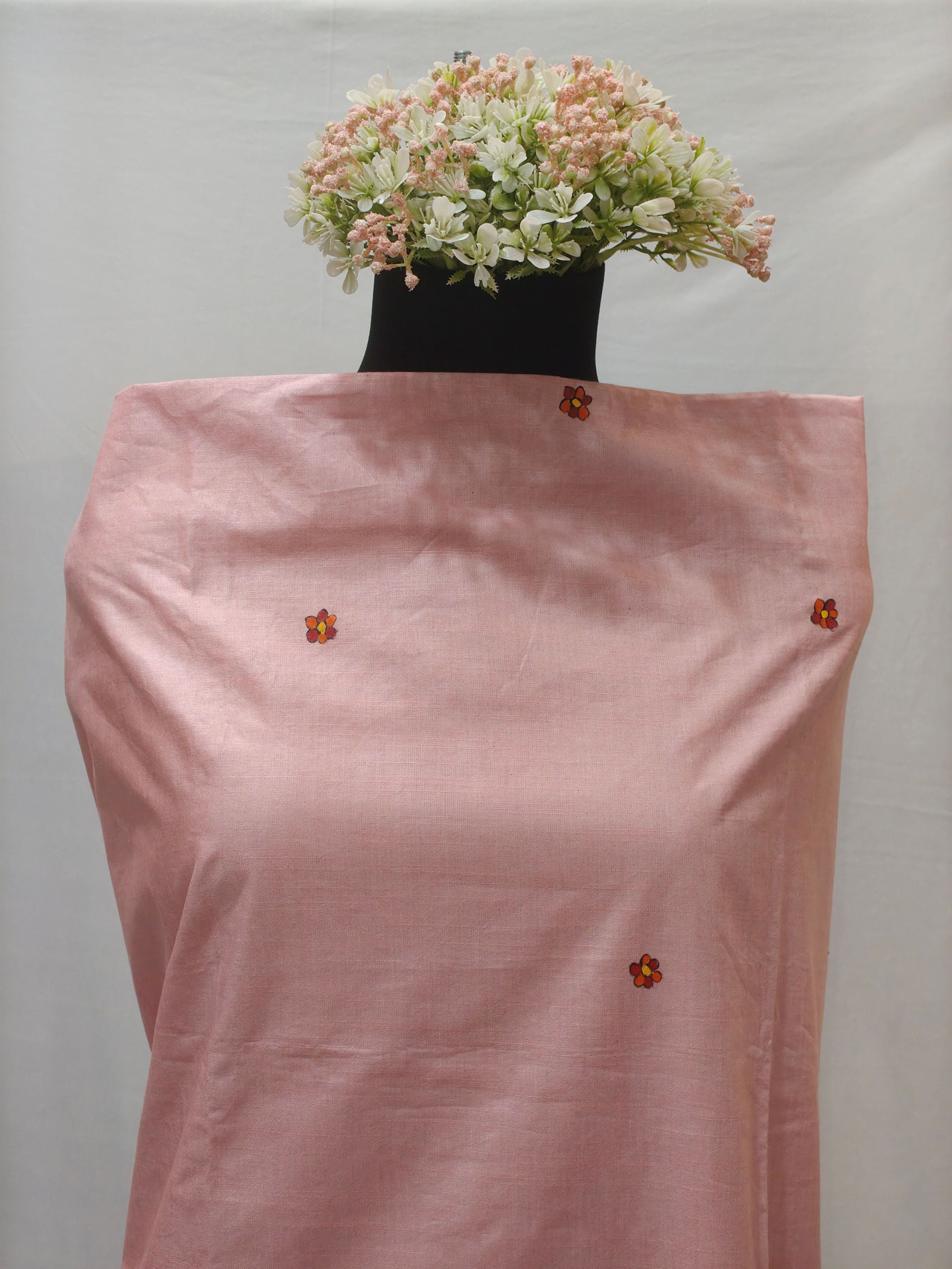 Hand-painted Madhubani Radha Krishna Unstitched Suit Set on Cotton in Blush Pink